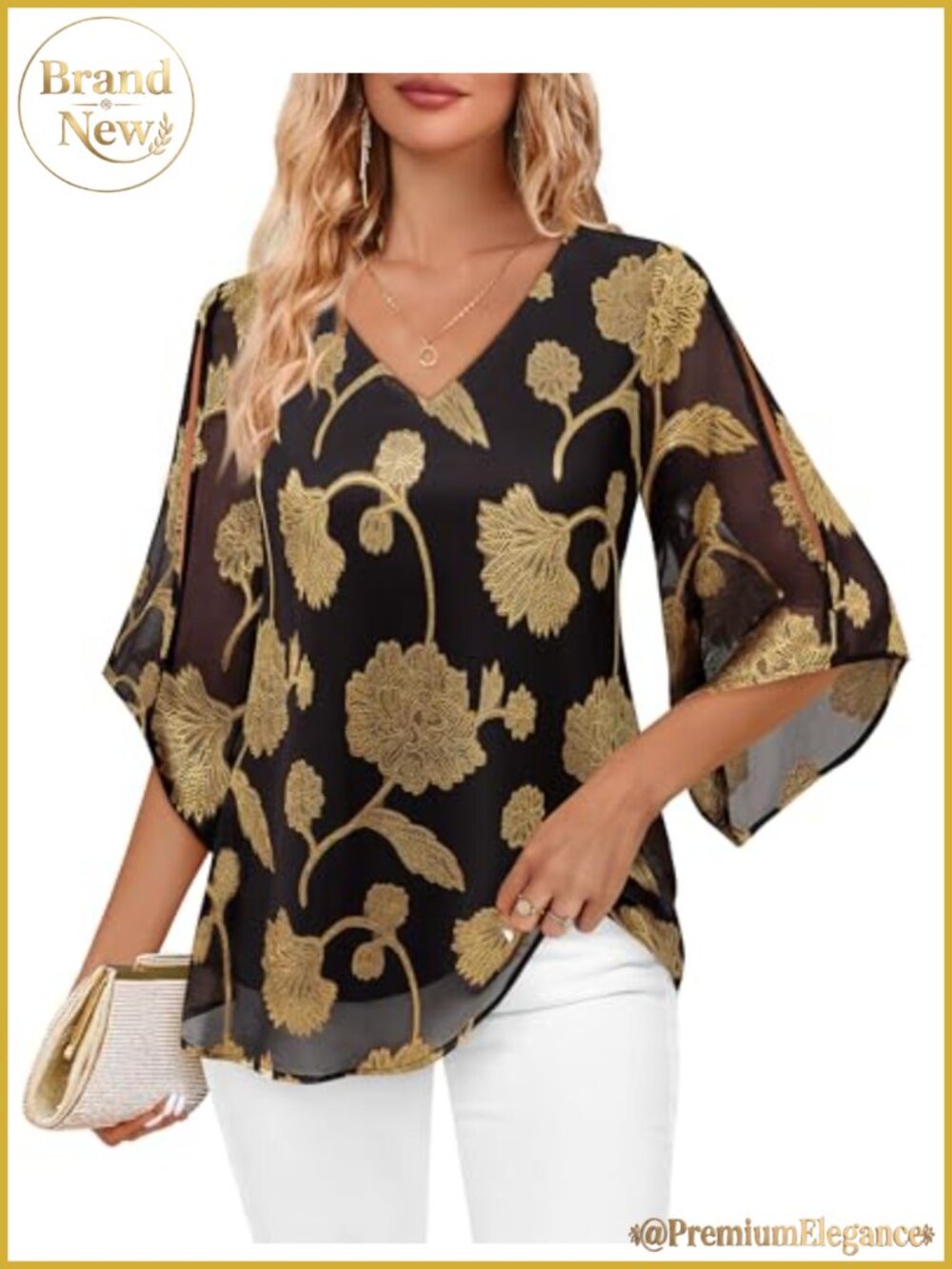Chiffon V-Neck Ruffle 3/4 Split Sleeve Double Layer Tunic Blouse
